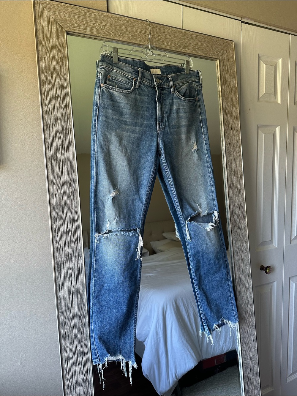 MOTHER The Flirt High-Rise Straight Blue Medium-Wash Distressed Jeans Size 28